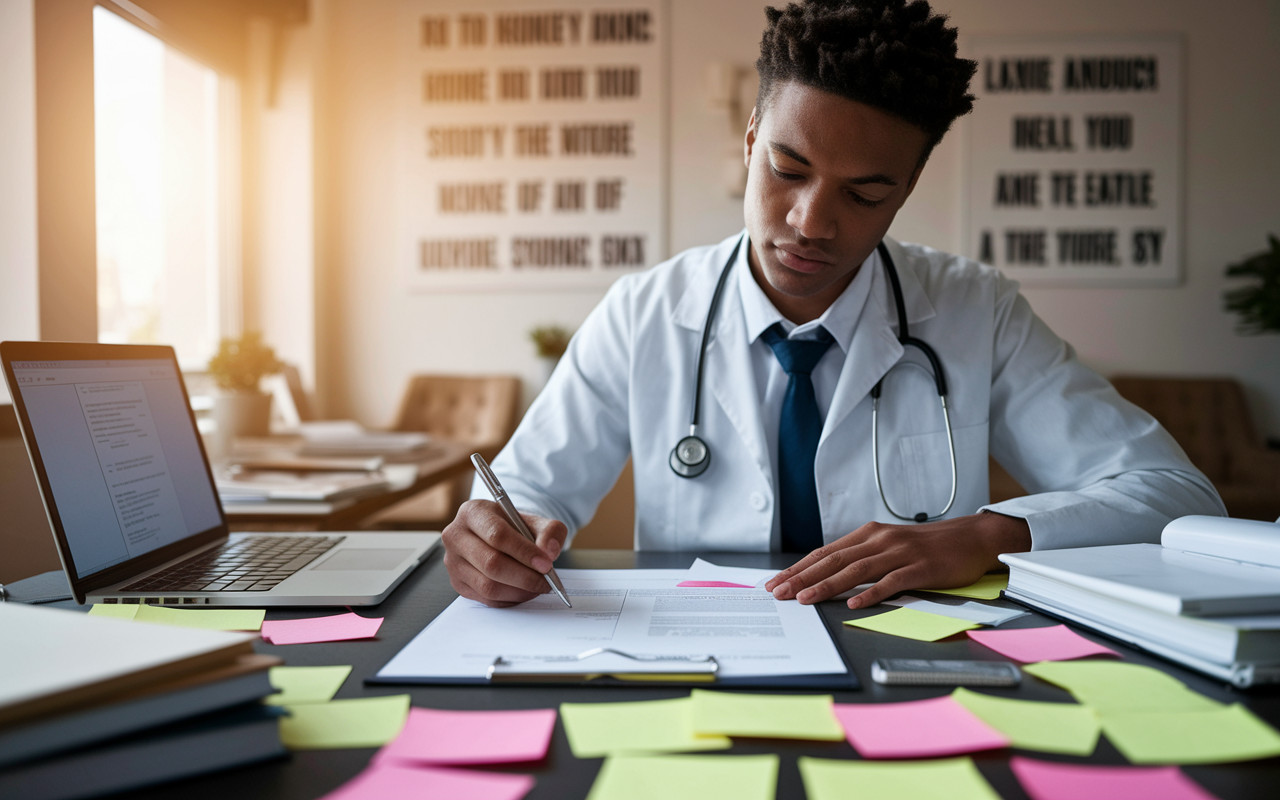 A focused medical student working diligently at a desk, crafting an impressive CV. The desk is cluttered with sticky notes, a laptop open with a CV template visible, and textbooks on the side. The room is warmly lit, with motivational quotes on the wall. The student’s expression portrays determination and ambition, capturing the essence of preparing for a successful future in medicine.