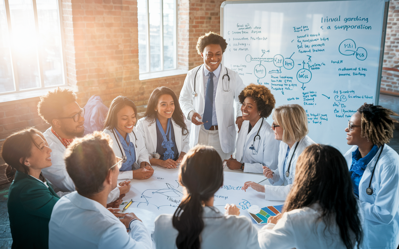 A group of aspiring medical professionals gathered in an inspirational setting for a discussion, emphasizing collaboration and learning. The diverse group is animatedly sharing ideas with visual notes and diagrams on a large whiteboard, showcasing collaboration in a dynamic and supportive environment. Sunlight pours in, creating a lively and hopeful ambiance, reflecting the passion for medicine and the future impact they aim to have.