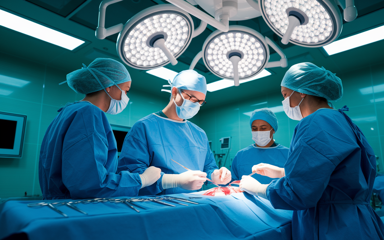 A dynamic scene inside a bright, sterile operating room where a surgical team is engaged in a complex procedure. The lead surgeon, wearing a blue surgical gown and mask, is focused while holding surgical instruments. Bright overhead lights illuminate the scene, reflecting off the polished surfaces, evoking a calm yet intense atmosphere. Other team members are assisting, showcasing teamwork and precision, with vital monitors beeping softly in the background.