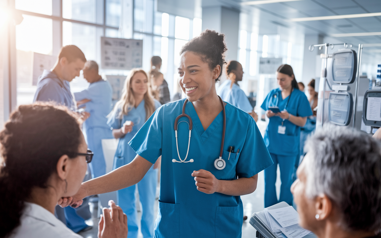 A medical student in a busy hospital ward interacting with patients, wearing scrubs and a stethoscope around their neck. The energetic atmosphere is filled with the hustle of healthcare professionals and the sounds of hospital life. Bright, natural light streams in through large windows, enhancing the sense of compassion and dedication in providing patient care. Various medical charts and equipment are visible in the background, illustrating a day in the life of clinical rotations.