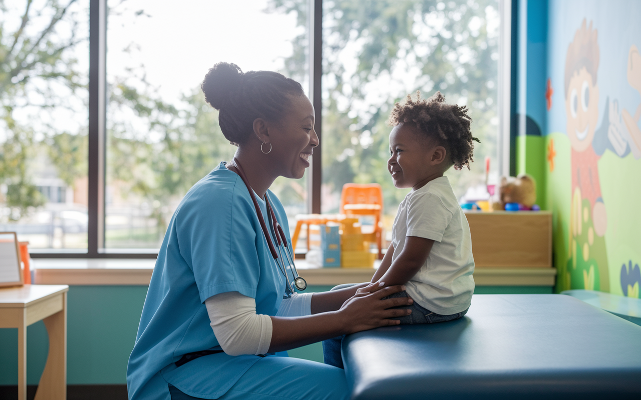 A warm and inviting scene inside a pediatric clinic where a compassionate healthcare provider interacts with a child sitting on an examination table. The room is decorated with colorful murals and toys, creating a friendly environment. Natural light filters through large windows, illuminating the smiles and gentle communication. The provider is engaged and attentive, emphasizing a nurturing approach to pediatric care.