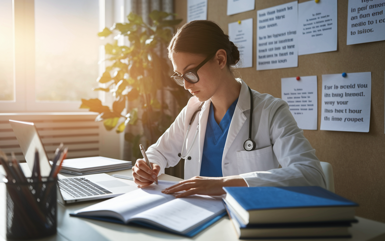 An ambitious medical student sitting at a desk in a cozy study room, surrounded by books and a laptop, thoughtfully revising their CV. Soft, golden hour sunlight shines through the window, casting a warm glow and reflecting determination on their focused face. A vision board filled with specialty goals and inspiring quotes is attached to the wall behind them, further emphasizing their commitment and motivation toward securing a residency.