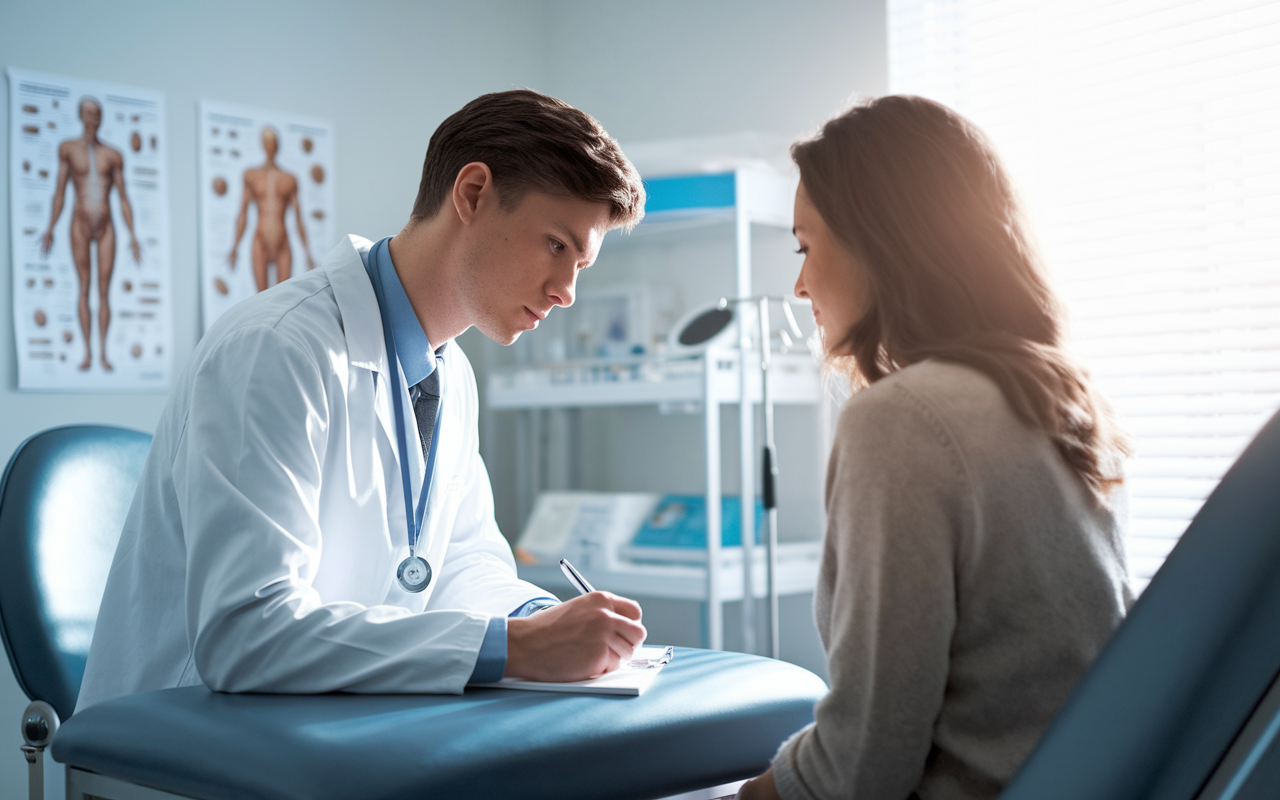 A young physician in a white coat is seen conducting a detailed physical examination of a patient in a bright, well-equipped examination room. The physician is focused, writing down notes, while the patient appears calm and engaged. The room features medical equipment, anatomical charts on the walls, and soft natural lighting streaming in through a window, creating a professional yet empathetic atmosphere.