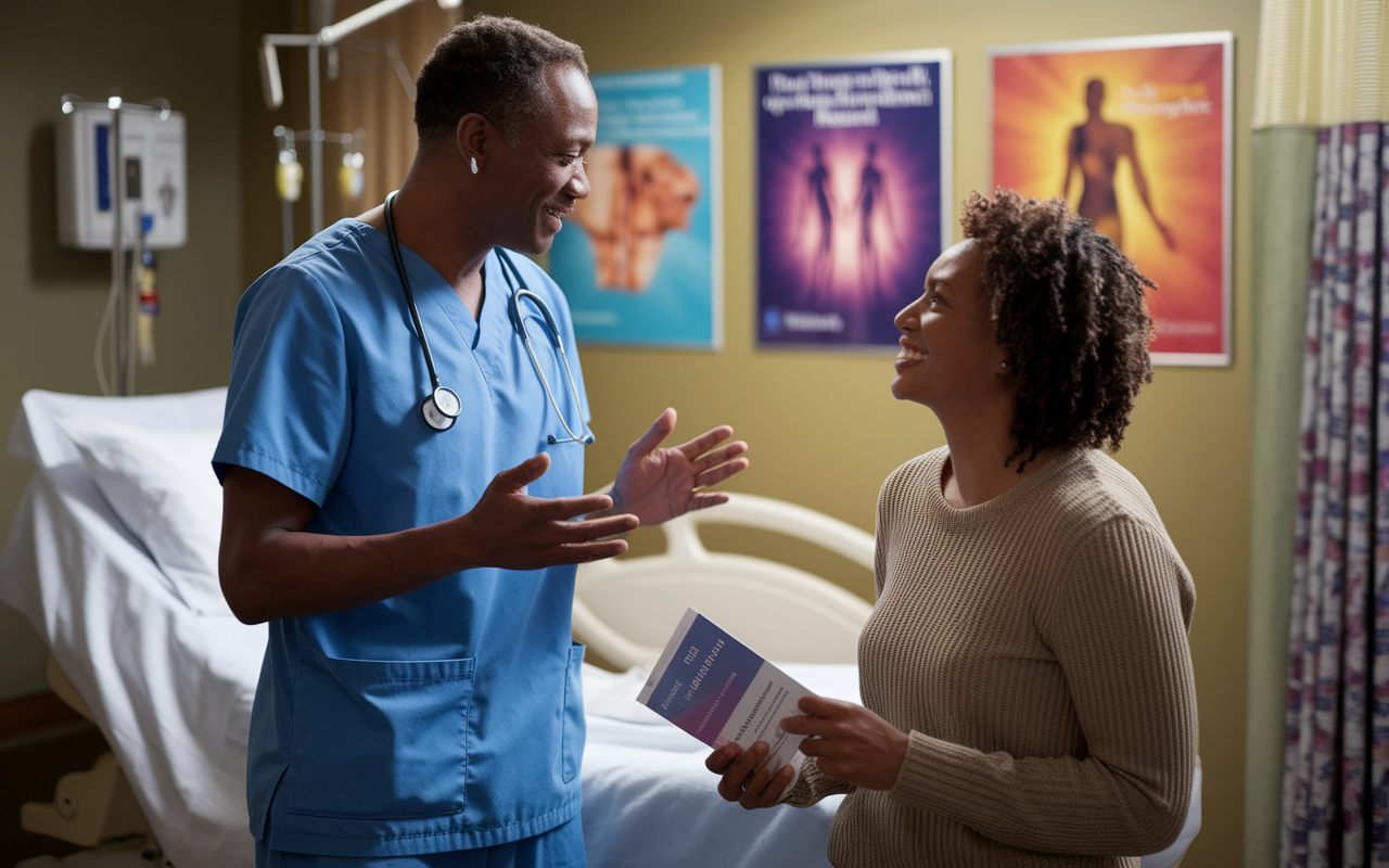 A compassionate physician converses with a patient in a cozy hospital room, using open body language to demonstrate empathy and understanding. The atmosphere feels warm, with soft lighting highlighting the interactions. The patient, visibly reassured, listens attentively while holding a pamphlet, as a few colorful medical posters adorn the walls, enriching the scene with professionalism and care.