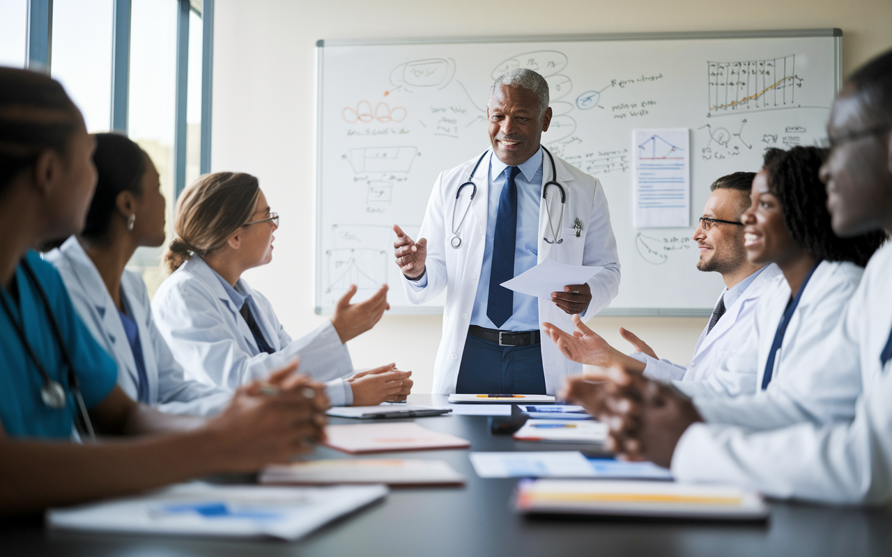 A dynamic healthcare team meeting is taking place in a modern conference room, with a confident senior physician leading the discussion. Team members of various ethnic backgrounds are engaged, sharing ideas and feedback, with notes and charts on the table. Bright, focused lighting enhances the collaborative atmosphere as a whiteboard filled with plans and data supports their brainstorming.