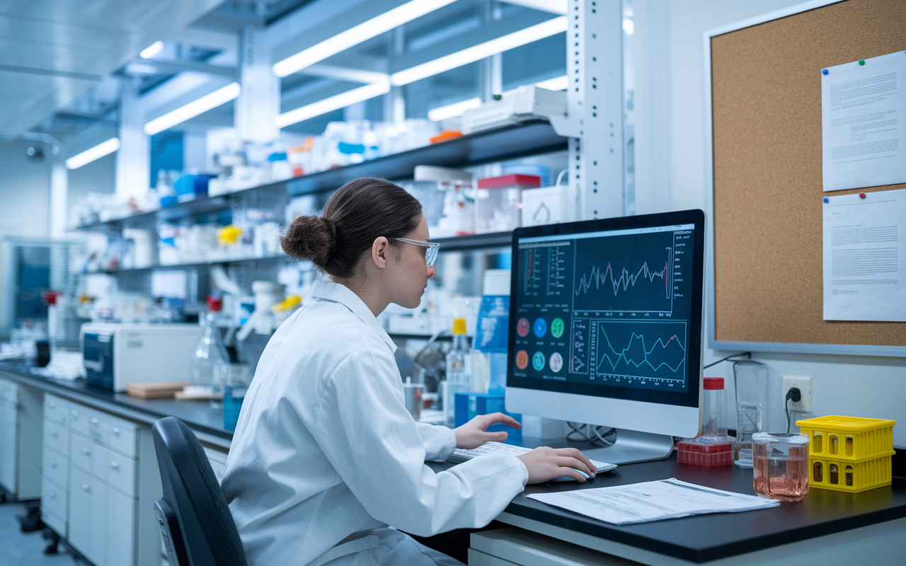 A researcher in a lab coat is deeply focused on analyzing data on a computer screen in a bright, well-organized laboratory filled with lab equipment and research materials. The screen shows complex graphs and charts, with soft overhead lighting illuminating their work area. A nearby bulletin board with pinned research papers adds context to the rigorous academic atmosphere.