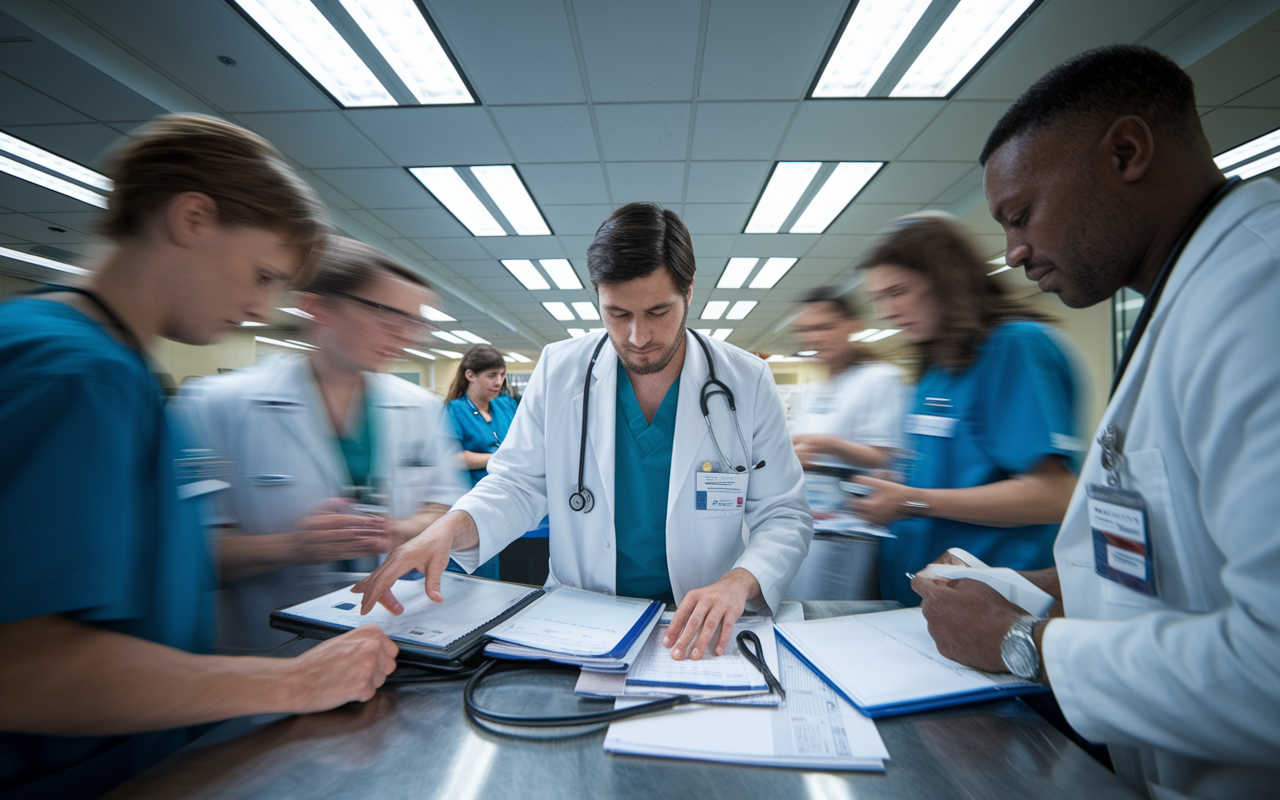 A resident physician is seen managing multiple tasks in a bustling hospital setting, efficiently juggling patient files, charts, and devices surrounded by colleagues in action. The scene captures a sense of urgency but also determination, with expressive motions and focused faces under the bright fluorescent lights, depicting the high-pressure environment of a hospital.