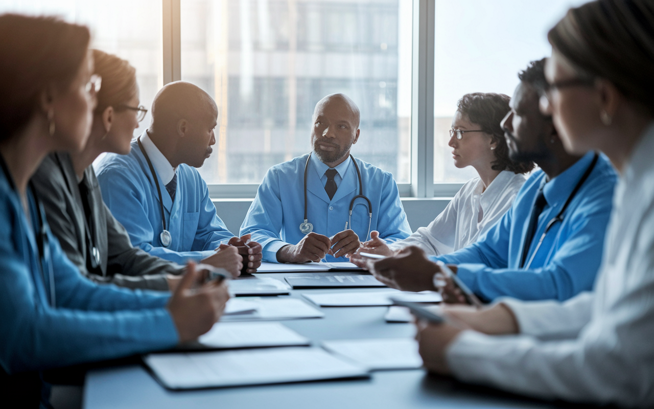 A serious discussion is underway among diverse healthcare professionals in a conference room, with a focus on ethical decision-making in patient care. The atmosphere is respectful yet intense, with documents and ethical guidelines on the table. Soft lighting casts a professional tone as facial expressions convey the gravity of the conversation, emphasizing the importance of ethics in medicine.