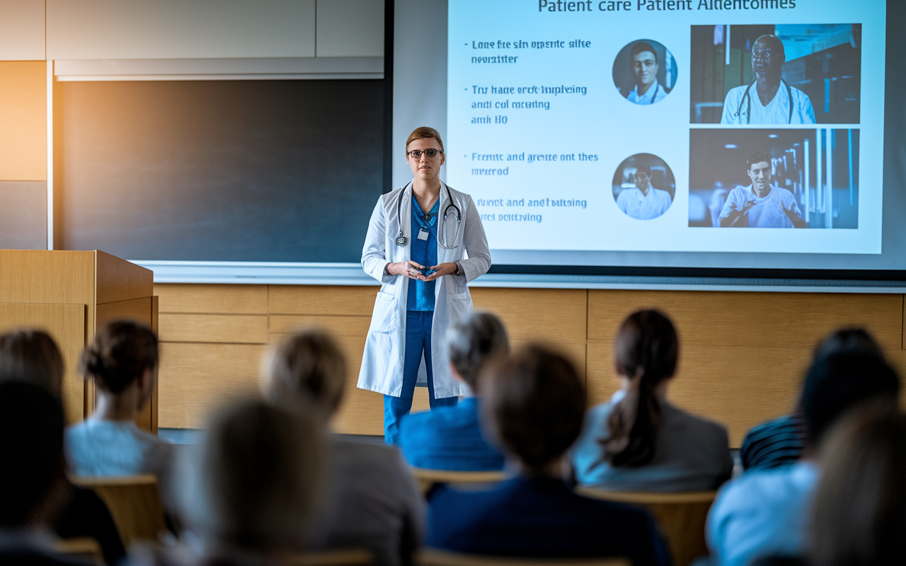 A resident physician stands confidently in front of a focused audience in a lecture hall, presenting a patient care scenario. The slide show displays key points and patient outcomes on a large screen. The atmosphere reflects engagement and interest, with a warm spotlight on the presenter, showcasing their knowledge and experience in a vibrant academic environment.