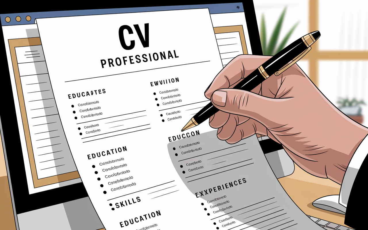 A close-up view of a professional CV layout on a computer screen, filled with neatly formatted sections showcasing skills, education, and experiences. A hand holding a pen hovers above the document, depicting focus and revision. The background suggests a calm workspace with soft lighting and minimalist design elements, reflecting the importance of presentation in an effective CV.