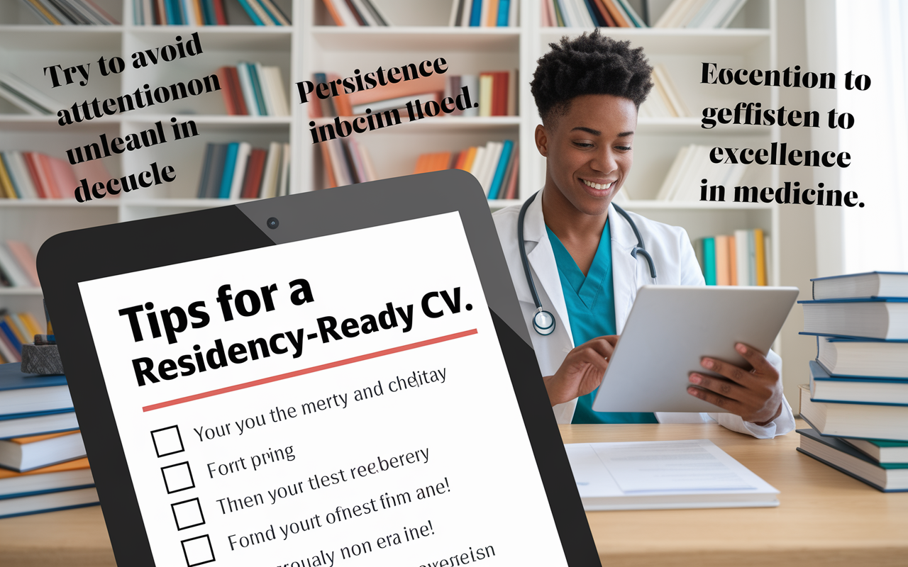 A visual representation of a checklist titled 'Tips for a Residency-Ready CV,' displayed prominently on a digital screen or tablet. The background features a bright, inviting study space with a young medical professional reviewing feedback on their CV, surrounded by academic books and inspirational quotes about persistence and excellence in medicine. The atmosphere is optimistic and encourages attention to detail in CV crafting.