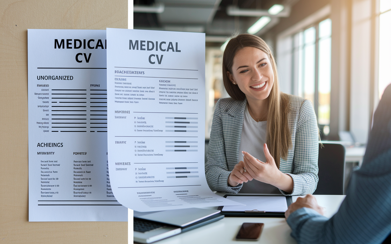 A split-screen image illustrating the transformation of a medical CV. The left side shows an unorganized, cluttered CV with vague titles, while the right side presents a polished, structured CV complete with clear headings, professionally typed text, and highlighted achievements. Above, a young woman casually dressed, enthusiastically reviewing her CV with a mentor in a well-lit, modern workspace, depicting collaboration and improvement.