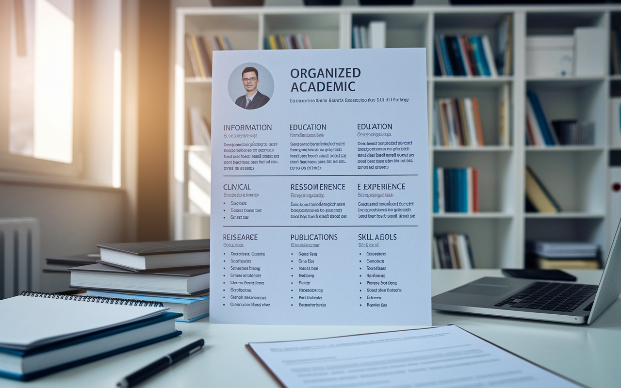 An organized academic CV layout displayed on a desk, featuring sections like Personal Information, Education, Research Experience, Clinical Experience, Publications, and Skills. The CV content should include sample bullet points indicating research roles and responsibilities, neatly formatted in an easy-to-read font. The background shows a well-lit office with research materials, textbooks, and a laptop, conveying professionalism and preparation for residency applications. The style should be realistic with attention to detail.