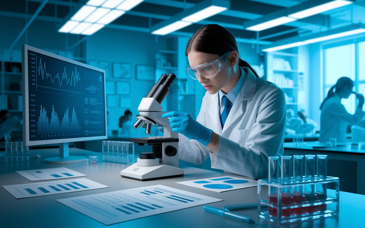 A research laboratory scene featuring a medical student acting as a Research Assistant, meticulously conducting an experiment. The student is wearing gloves and a lab coat, working with test tubes and a microscope. Papers showing data analysis are scattered around, and a large screen displays complex graphs. The lab is illuminated with bright fluorescent lights, creating a lively and focused atmosphere. The art style should be photorealistic, capturing the intensity and complexity of medical research.