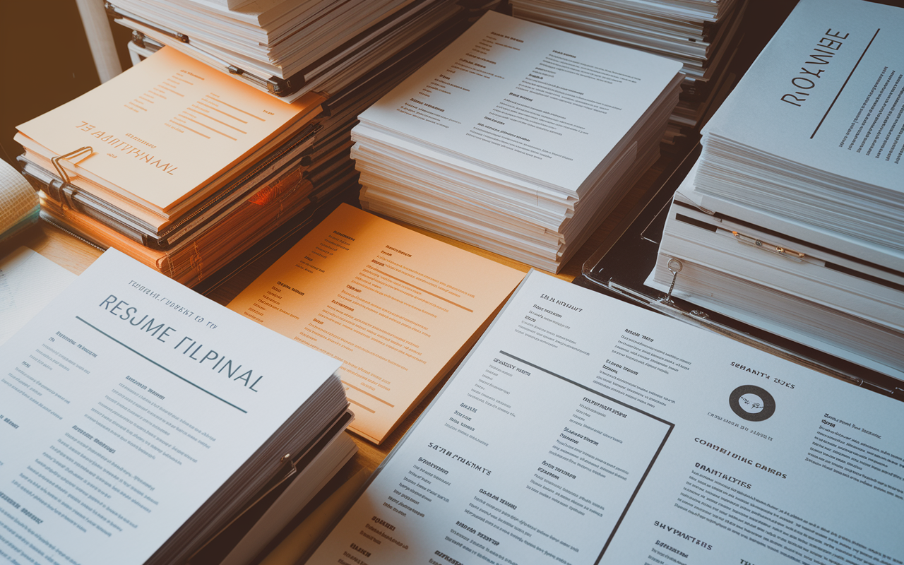 An artistic view of a workspace cluttered with stacked resume papers, highlighted sections showing quantitative metrics. Papers display various resumes and CVs, illustrating the competition among numerous applicants. Natural lighting highlights the details, creating a serious yet inspiring environment for aspiring medical professionals.