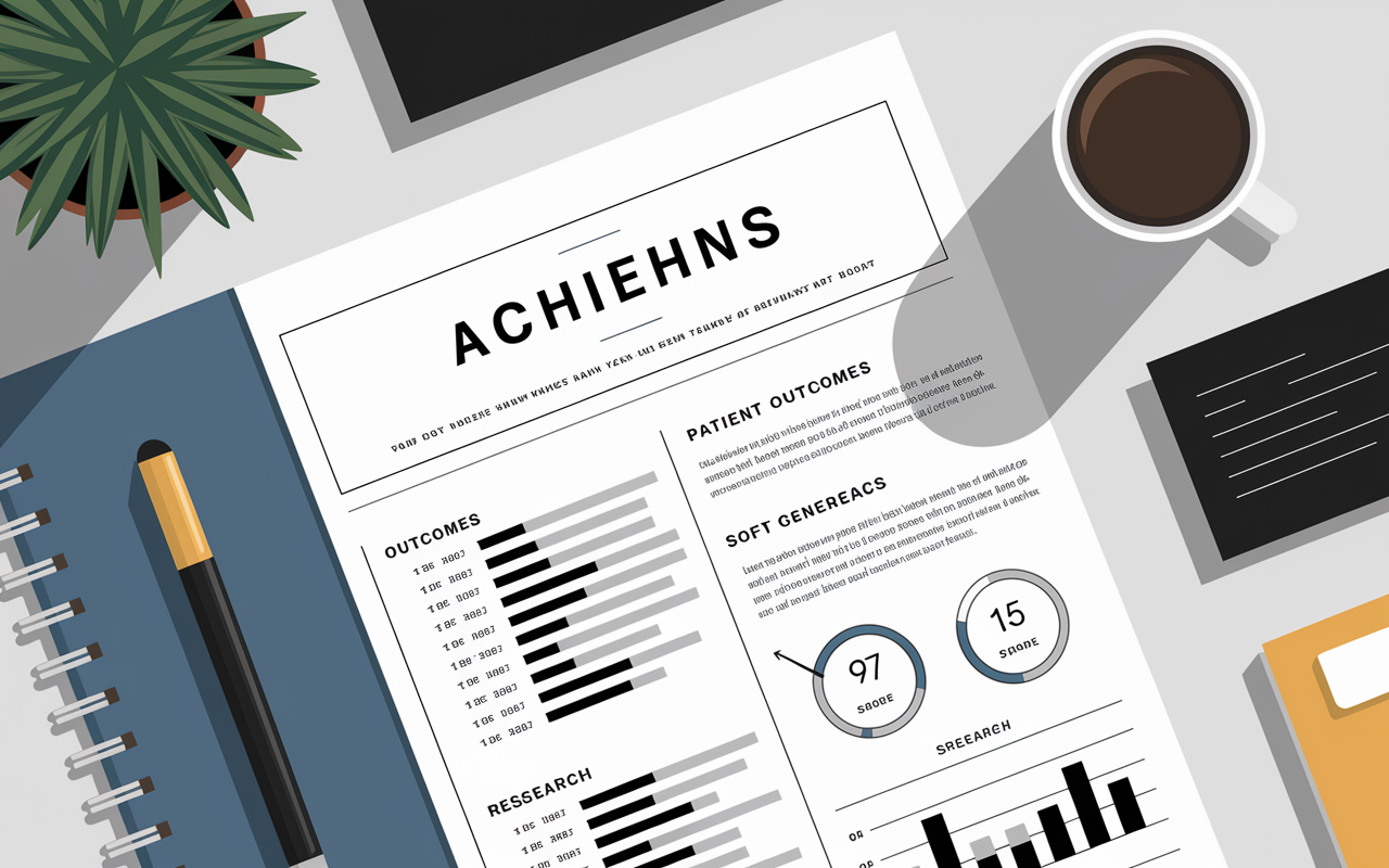 A visually organized layout of a CV open to a page with bullet points clearly outlining quantifiable achievements, metrics, and roles. A neatly organized sidepanel showcases graphs of patient outcomes and research contributions, with a professional yet inviting ambiance created by soft overhead lighting.