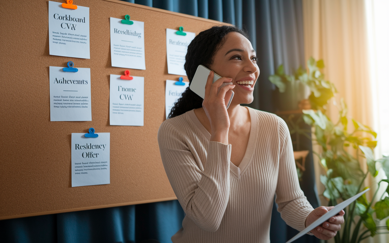 An inspirational scene featuring a joyful Dr. Sarah on a celebratory phone call after receiving residency offers. She is in a cozy home office with a corkboard displaying her quantifiable achievements and accomplishments from her CV, visually representing her success story with warm, encouraging lighting.