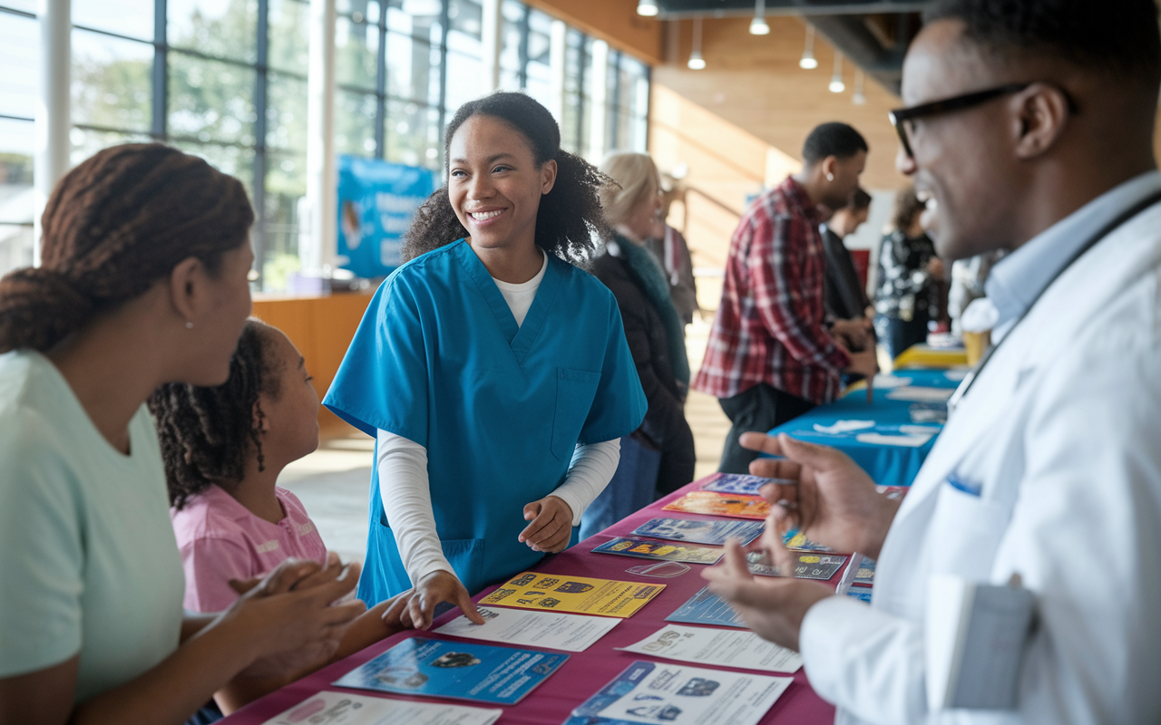 A medical student volunteering at a community health fair, interacting with families and healthcare professionals. The student is in scrubs, smiling while providing health information. Colorful booths with informational pamphlets and resources. A warm, friendly atmosphere highlighting community engagement and learning. Natural daylight filtering through the venue, creating an inviting and active setting.