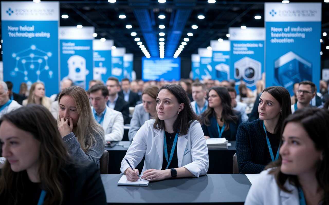 A student at a medical conference, attentively listening to a speaker from the audience, while other attendees take notes and engage with each other. The setting is filled with banners showcasing new medical technologies and advancements, creating a backdrop of innovation. The lighting is bright and focused, enhancing the engaged expressions of the crowd. The overall atmosphere is one of shared knowledge and excitement in medical education.