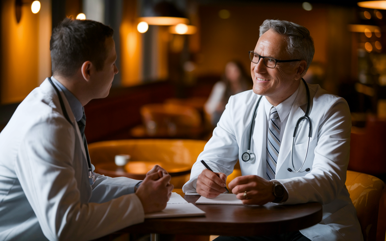 A one-on-one conversation between a medical student and a mentor in a cozy café setting. The mentor, an experienced physician, is sharing insights while the student listens attentively, engaged and taking notes. Warm, ambient lighting creates an inviting atmosphere, filled with the aroma of coffee. The mood is supportive and encouraging, emphasizing the importance of mentorship in professional growth.