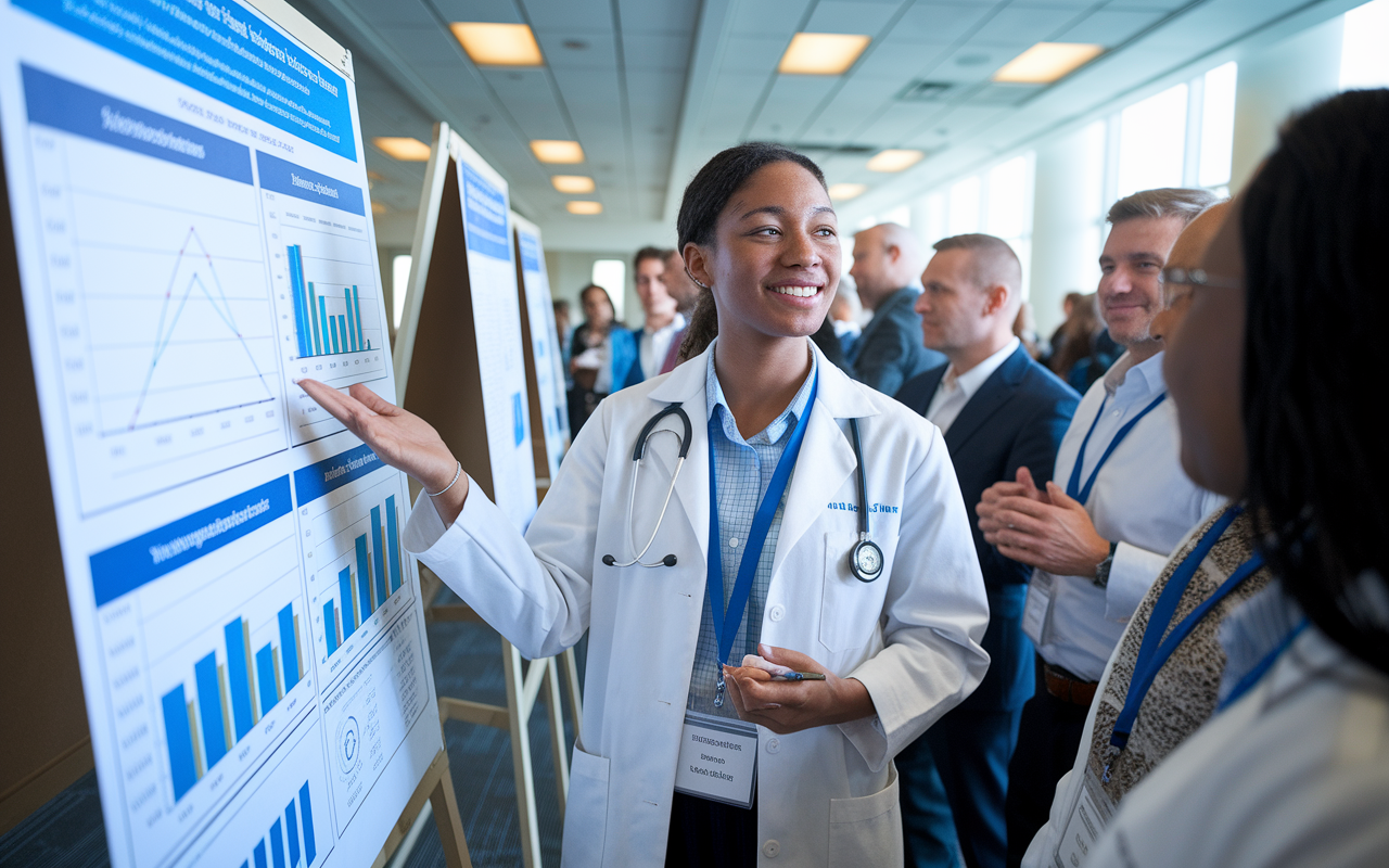 A medical student presenting research findings at a conference, standing confidently by a poster. The poster showcases various graphs and research data. Attendees gather around, attentively listening and engaging in discussion. Bright conference room lighting highlights the student's enthusiasm and the collaborative spirit of medical research. The background features other posters and engaged participants, enhancing the sense of academic achievement.