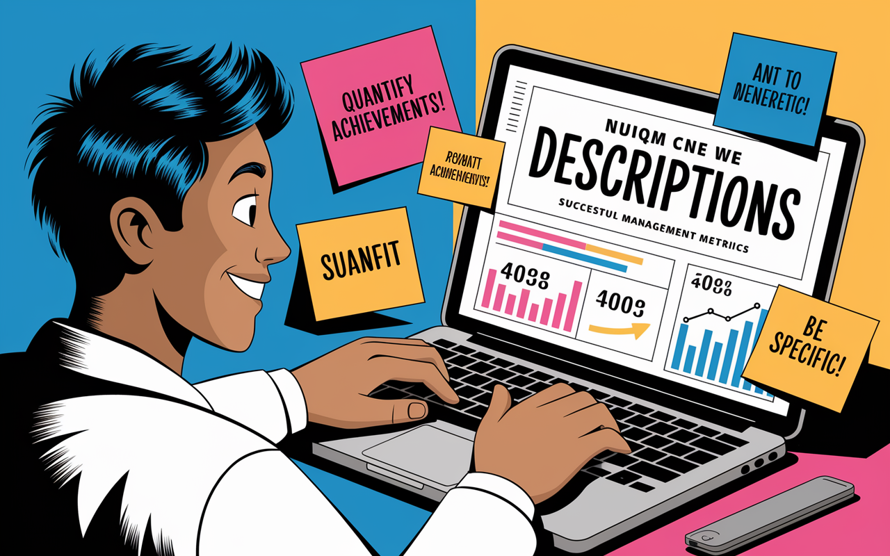 An animated character depicting a medical resident typing energetically on a laptop with a focus on crafting unique CV descriptions. The screen displays vivid statistics and graphs highlighting successful patient management metrics. The character’s expression reflects pride and creativity, with colorful sticky notes around containing empowering phrases like 'Quantify Achievements!', 'Be Specific!'. A dynamic, motivational digital illustration with bright colors.