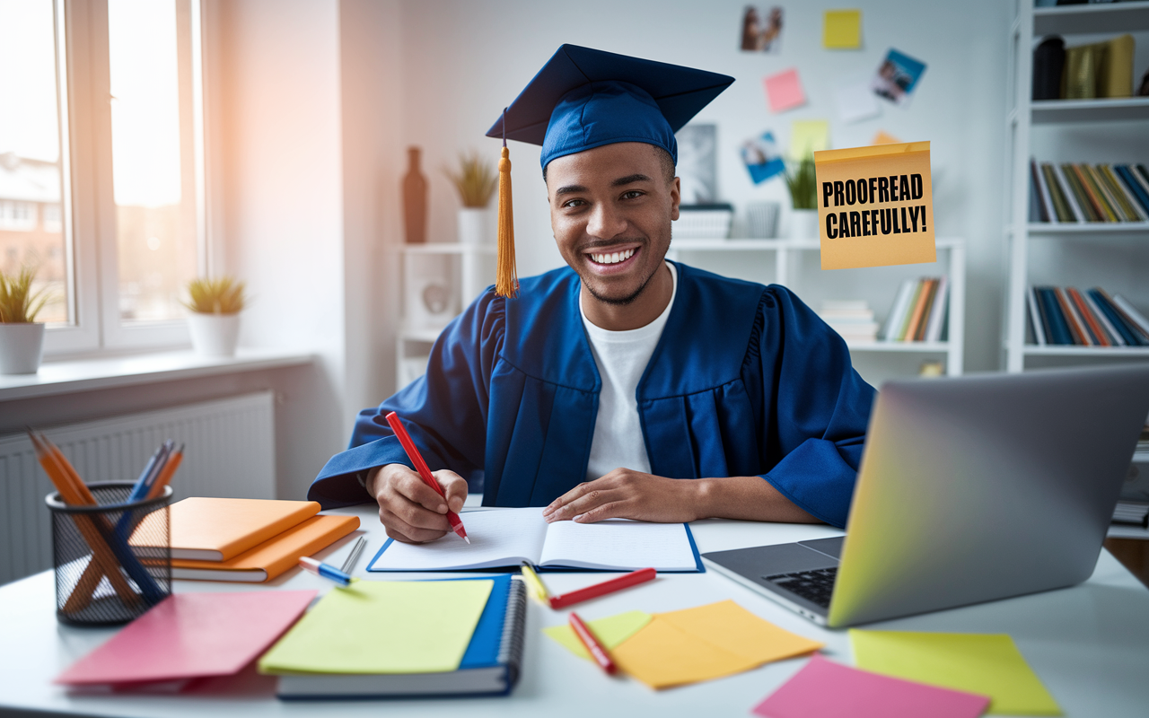 A cheerful young graduate sitting at a well-organized workspace, surrounded by notes and correction tools like a red pen and a laptop open to a proofreading application. The room is brightly lit, and a reminder on a sticky note reads 'Proofread Carefully!' in bold letters. The graduate appears focused, determined to perfect their residency CV. Photorealistic style with warm tones.