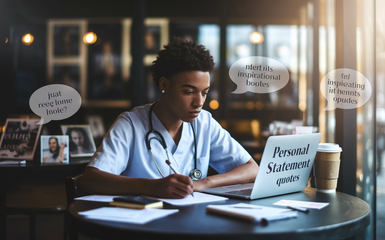 A serene moment in a quiet café, where a medical student is deeply immersed in writing their personal statement on a laptop, surrounded by notes and inspirational quotes. The student appears reflective, as if contemplating their journey in medicine. Soft light filters in through a nearby window, creating an intimate space filled with creativity and resolve. The background includes personal touches like photographs, books, and a coffee cup, symbolizing passion and introspection.