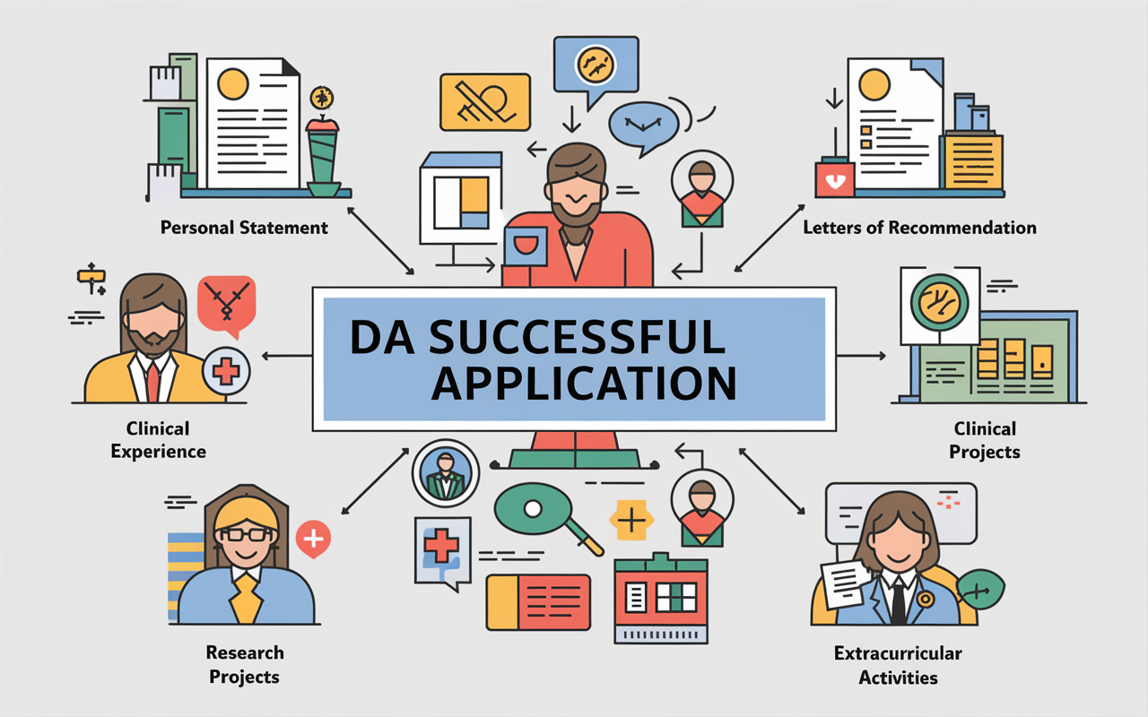 A dynamic infographic illustrating the multifaceted components of a successful residency application, including icons representing a personal statement, letters of recommendation, clinical experience, research projects, and extracurricular activities. Each element is creatively arranged and visually distinct, filled with vibrant colors and clear labels, conveying the diverse aspects of an applicant's profile.