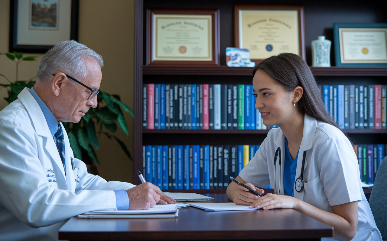 A scene showcasing a medical student meeting with a mentor in a cozy office, discussing the student's progress and future plans. The mentor, an elderly physician with glasses, is writing notes, while the student looks engaged, listening intently. Nearby, various medical textbooks and certificates adorn the walls, symbolizing wisdom and guidance in the residency application process.