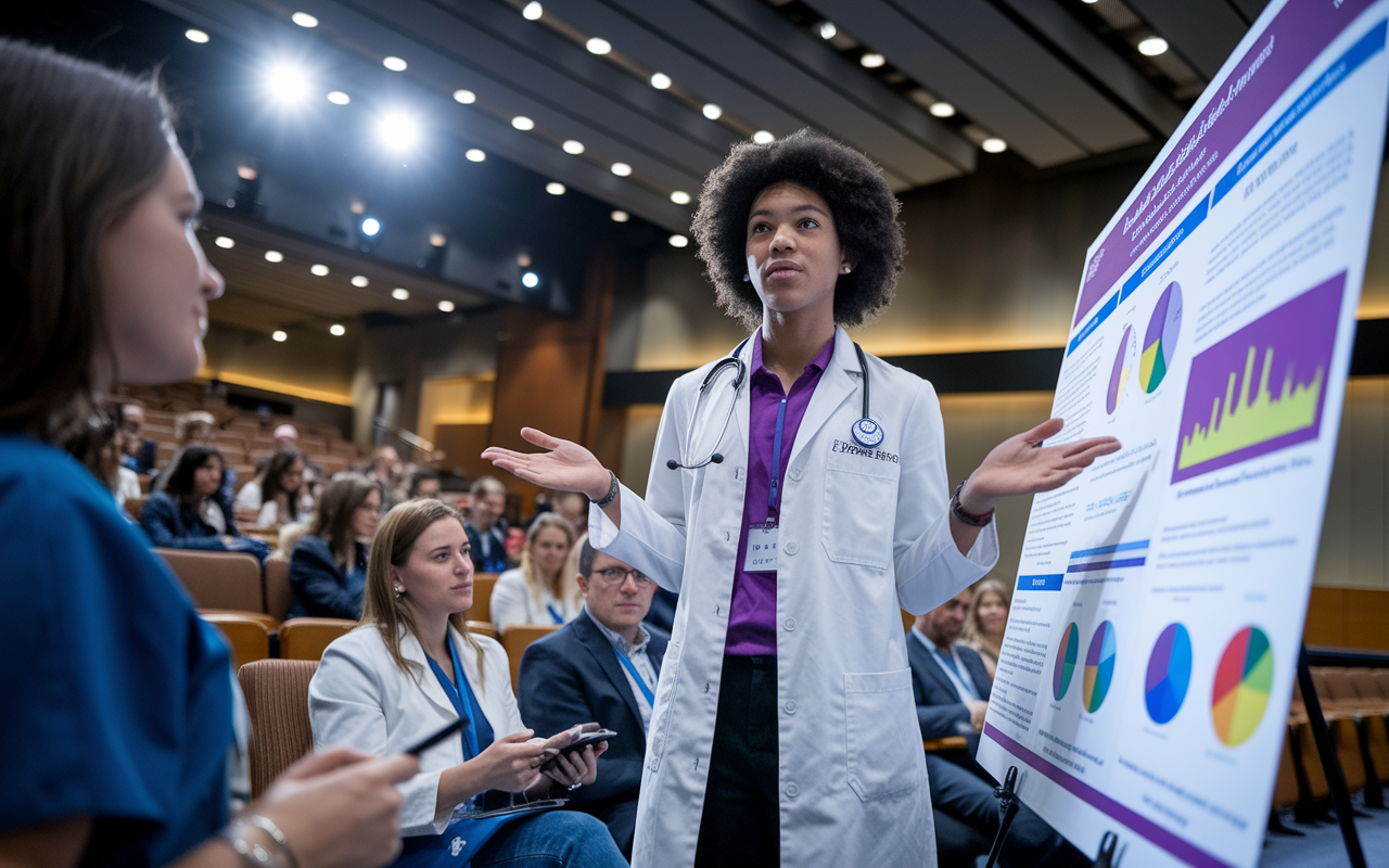 A focused medical student presenting their research at a conference in a well-lit auditorium. The student stands confidently beside a poster filled with colorful graphs and images, engaging with an audience of fellow medical professionals and students. The atmosphere is vibrant with excitement and collaboration, showcasing the importance of research in enhancing a residency application.