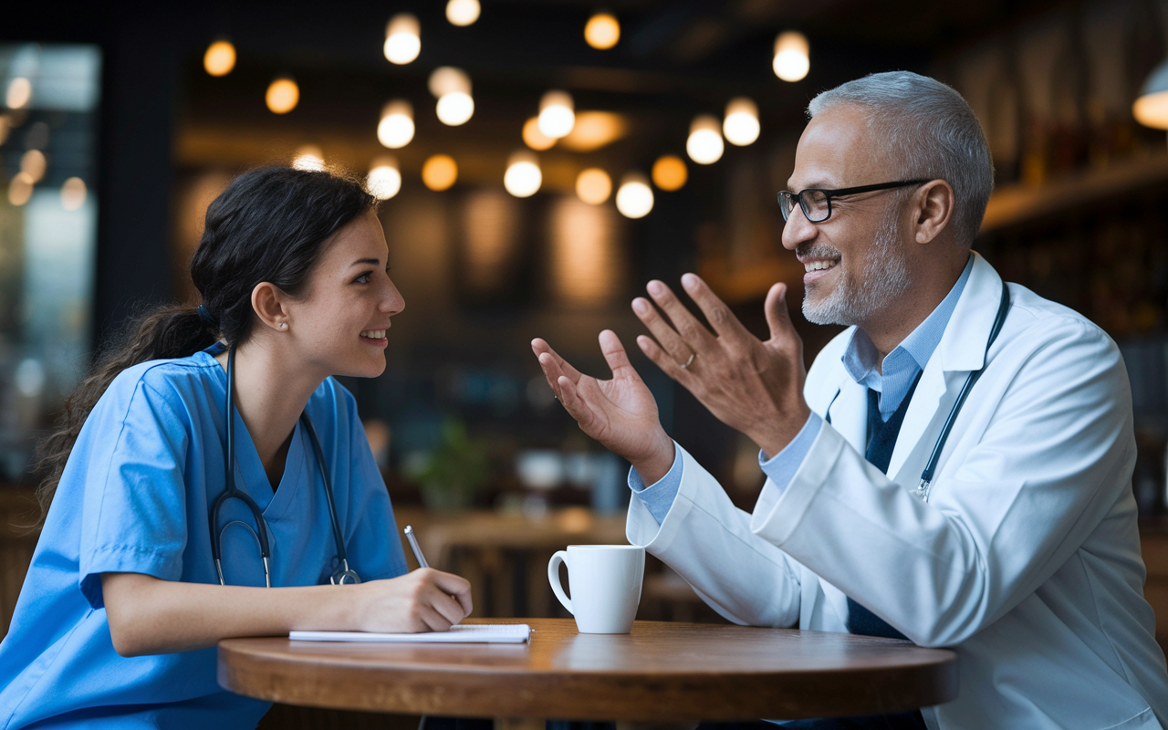 An inspiring image of a young medical student and a seasoned doctor engaged in a mentorship conversation at a coffee shop, discussing pathways in medicine. The background is a cozy atmosphere with warm lights, illustrating the supportive dynamic. The mentor gestures animatedly, portraying the transmission of wisdom and guidance, while the student takes notes with an eager expression.