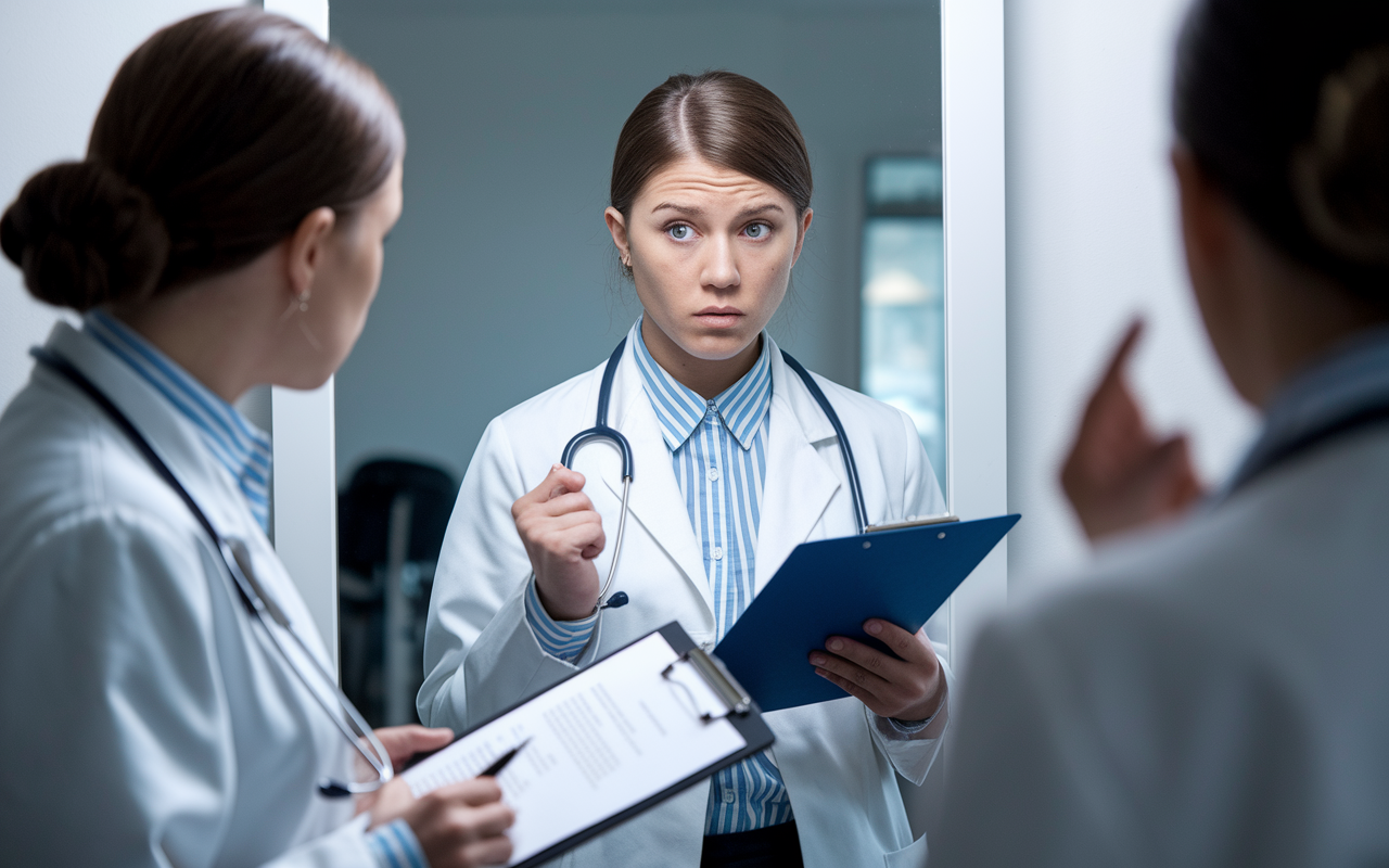 An intense yet focused scene of a medical student practicing interview skills in front of a mirror, dressed in professional attire. They hold a clipboard with notes, expressing a mixture of determination and nervousness. The room is well-lit, creating an atmosphere of self-reflection and preparation for the high-stakes interview environment.