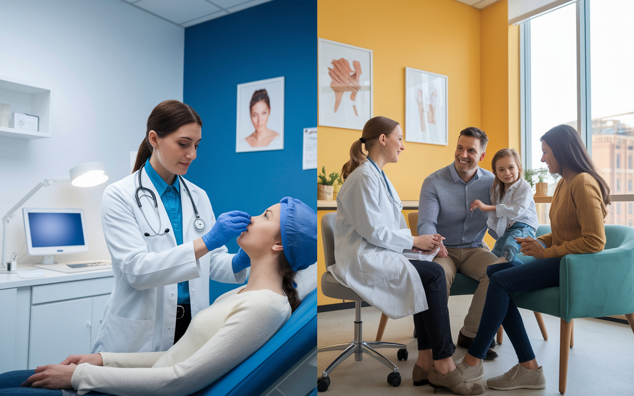 A split-scene showing two different medical specialties. On one side, a bright and busy dermatology clinic with a doctor examining a patient, while on the other side, a family medicine office with a warm and inviting atmosphere where a physician engages with a family. The contrasting colors and activities illustrate the diversity of medical specialties and their varying competitiveness.