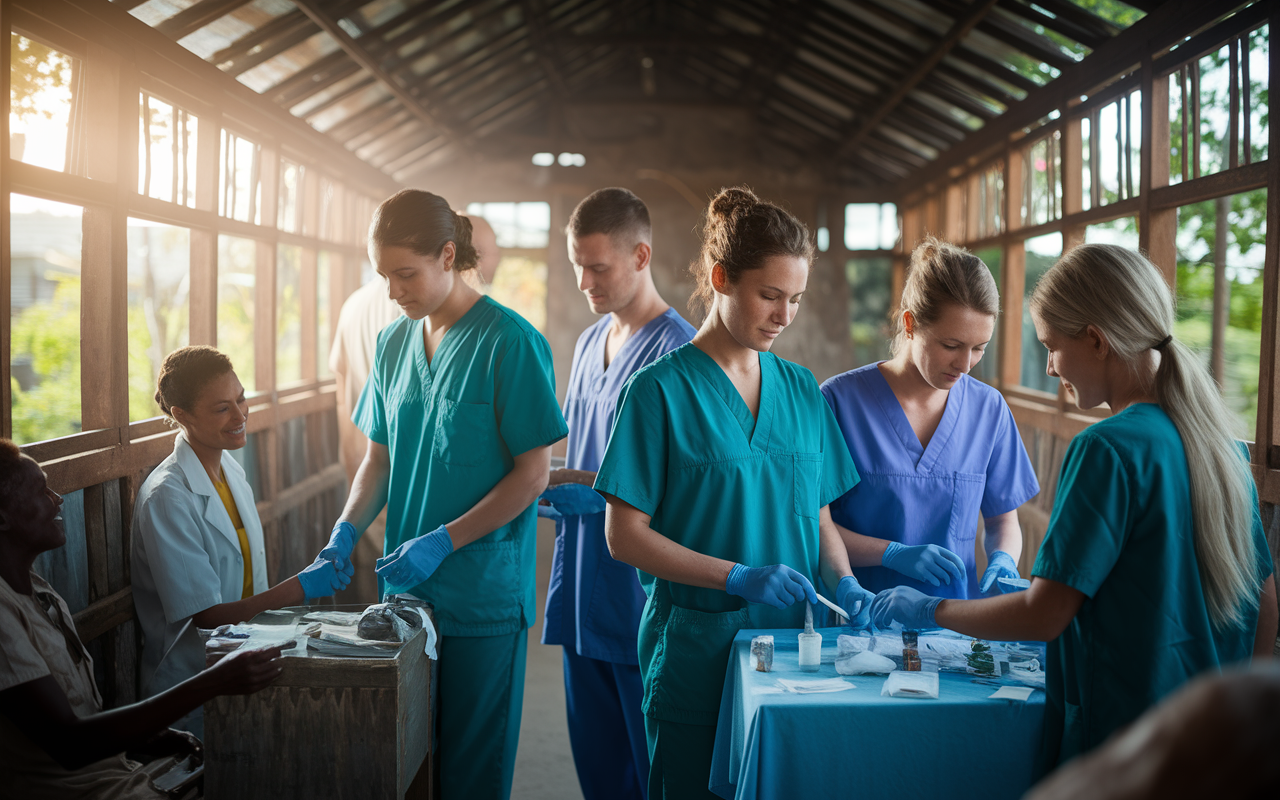 A group of healthcare volunteers in scrubs, working in a rural clinic setting in a developing country, providing medical care to local villagers. The atmosphere is warm and compassionate, showcasing the volunteers as they engage with patients and provide assistance. The scene is infused with sunlight filtering through the windows, symbolizing hope and community service.