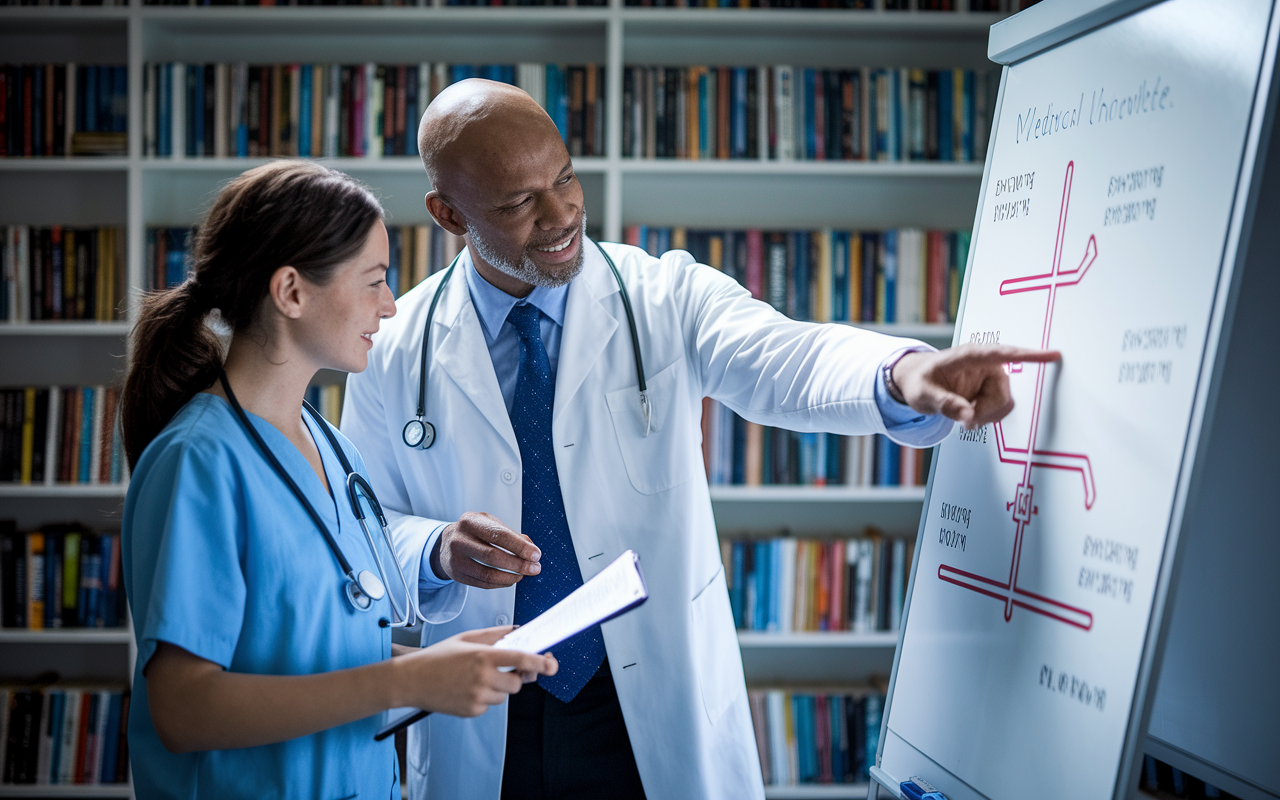 An experienced physician mentoring a young medical student in a cozy office filled with medical books. They are engaged in discussion, with the mentor pointing towards a roadmap of medical knowledge on a whiteboard, symbolizing guidance and support. The soft, warm lighting creates an inviting and encouraging atmosphere for learning.