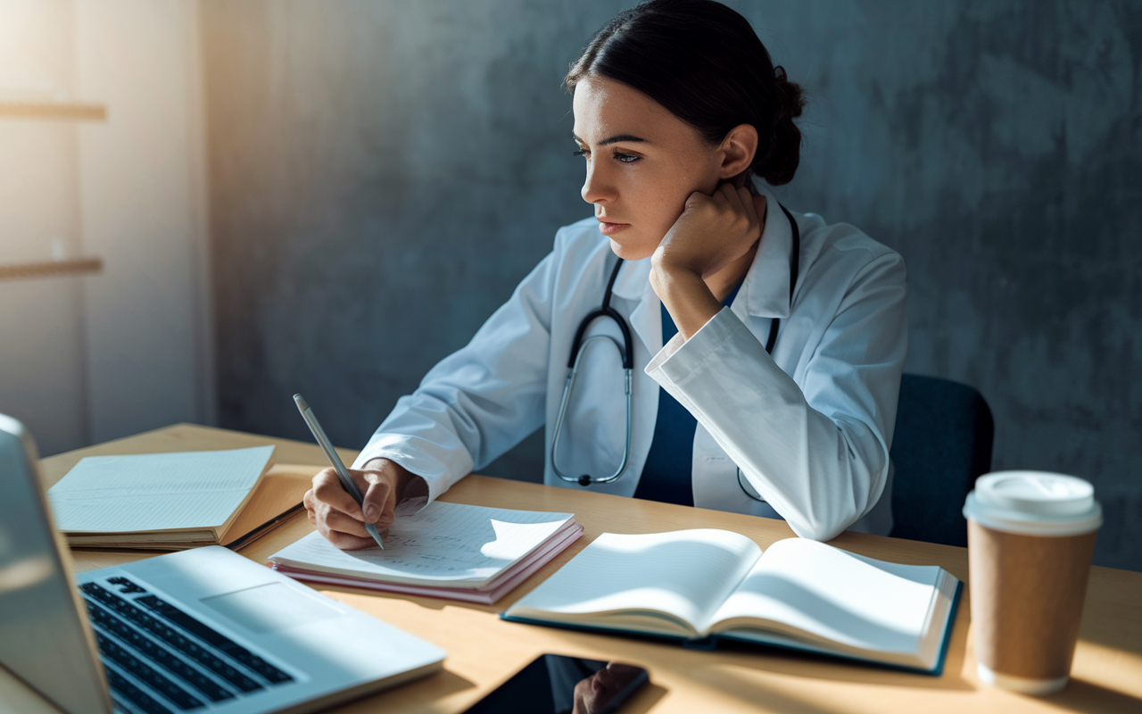 A medical student sitting at a desk, deeply engaged in writing their personal statement with a thoughtful look. The desk is covered with open journals, a laptop, and coffee, representing endless effort and dedication. The soft natural light casts an inspiring glow around the workspace, suggesting bright ideas and authentic storytelling.