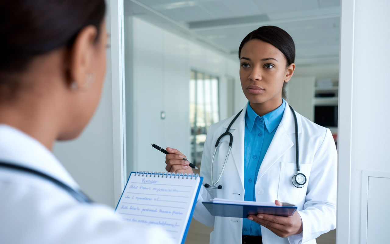 A medical student practicing for an interview in front of a mirror, dressed professionally, with a notepad in hand outlining potential questions. The reflection shows a determined expression, highlighting focus and preparation. The room is bright and organized, reflecting a serious yet optimistic atmosphere.