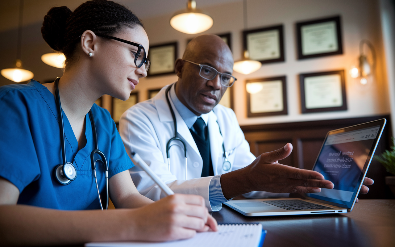 A close-up of a medical student and a mentor discussing career paths in a cozy university café. The student, a young woman with glasses in scrubs, is taking notes while listening intently. The mentor, an experienced physician, gestures to a laptop screen showcasing a medical association site. The warm ambiance of the café is highlighted by soft, glowing lights and framed medical degrees on the wall.