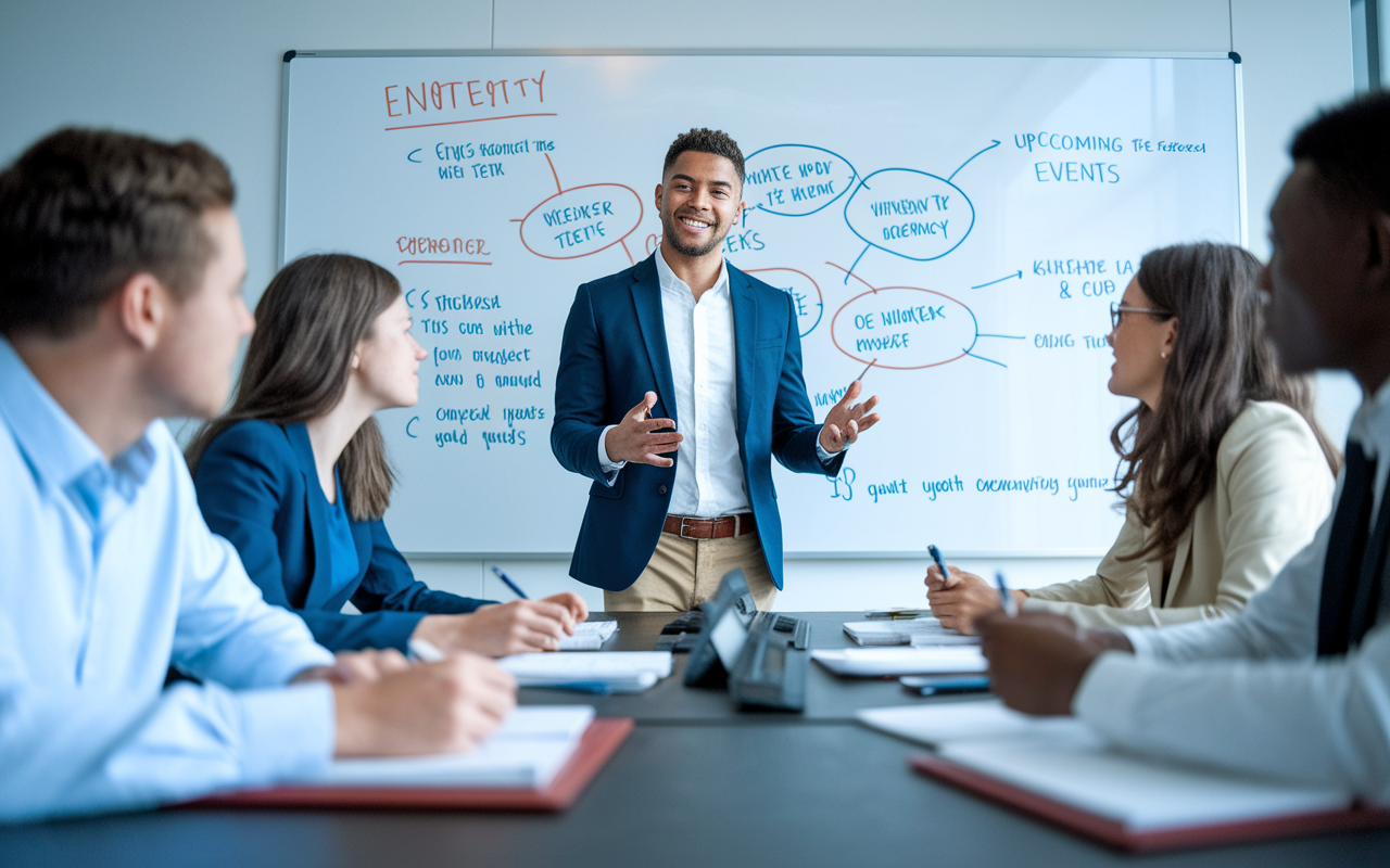 A dynamic setting featuring an executive meeting of a student medical organization. The focus is on a young leader presenting at the head of the table with enthusiasm, surrounded by engaged peers taking notes and discussing ideas. A whiteboard filled with strategies and upcoming events is in the background under bright, focused lighting that enhances the atmosphere of creativity and leadership.