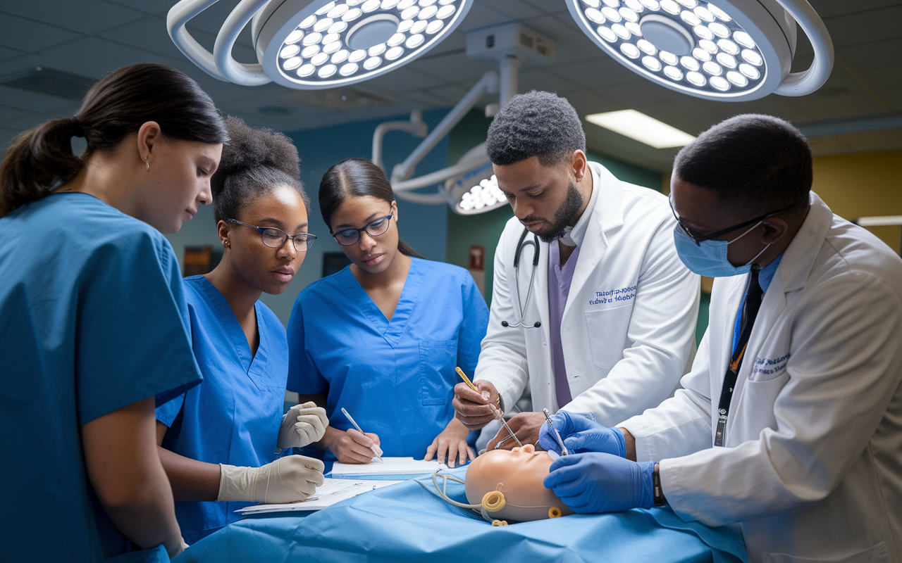 An educational workshop in progress, with a diverse group of medical students engaged in a hands-on clinical skills session. One student is practicing suturing techniques on a practice dummy while others watch and take notes. A knowledgeable instructor offers guidance, with bright, focused lighting illuminating the activity, showcasing a commitment to skill development.