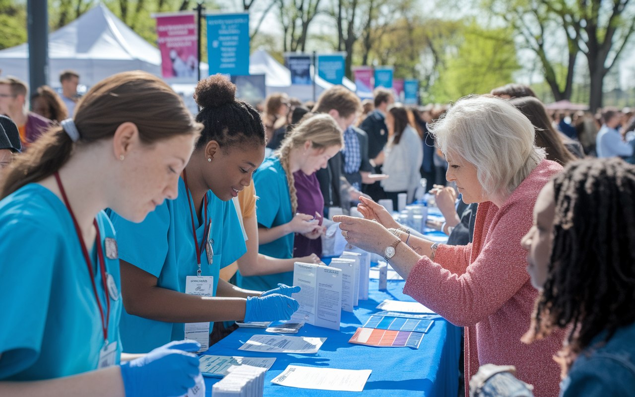 A bustling health fair scene where medical students are actively engaging with community members. Students, wearing scrubs with name badges, provide free health screenings and talk to attendees at colorful booths. The atmosphere is lively, filled with informative materials, banners about health issues, and bright spring sunlight filtering through, symbolizing hope and health.