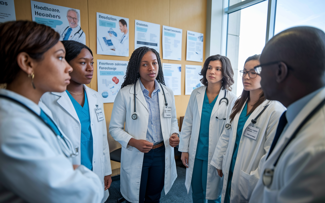 A group of medical students dressed in professional attire gathered in a legislative office, engaging passionately with a legislator about healthcare policies. The room is adorned with relevant healthcare posters and a large window allowing natural light to brighten the serious yet hopeful expression of the students as they advocate for change.