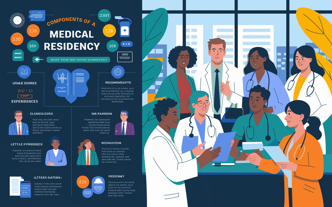 A visually engaging infographic showcasing the components of a medical residency application, including USMLE scores, clinical experiences, letters of recommendation, and personal statements. The infographic is vibrant and colorful with icons representing each component. In the background, a group of diverse medical students is depicted discussing their applications in a bright, collaborative environment, indicative of teamwork and support in the journey to residency. Styles: modern digital illustration.