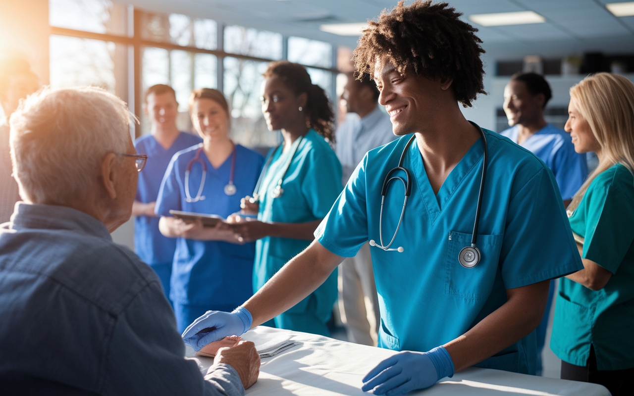 A dedicated medical student in scrubs assisting a patient in a vibrant community clinic. The scene is lively, highlighting a diverse group of individuals in the background showcasing different specialties in healthcare like pediatrics, geriatrics, and surgery. Warm sunlight filters through the clinic windows, illuminating the student’s compassionate demeanor, reflecting the commitment to hands-on learning. The atmosphere conveys teamwork and empathy in patient care. Styles: photorealistic, high contrast lighting.