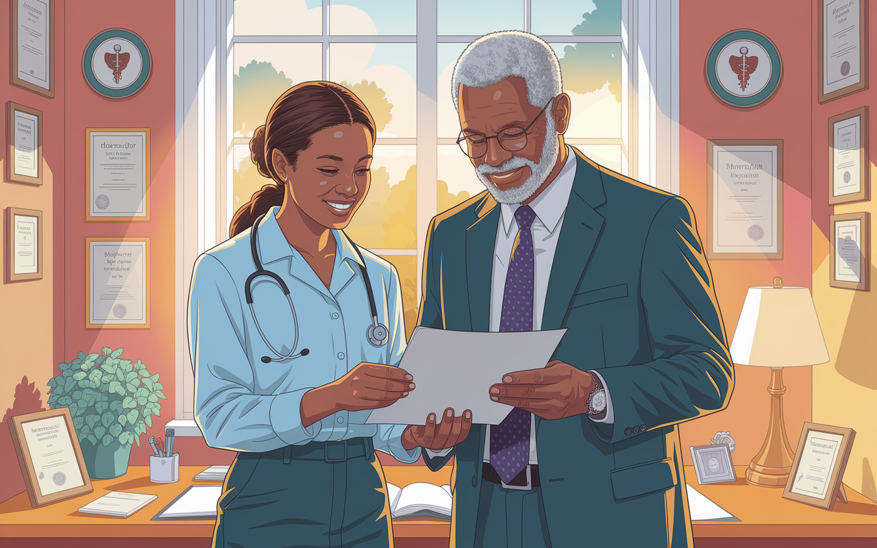 A heartfelt scene of a medical student in professional attire standing beside a respected mentor in a brightly lit office, both smiling as they discuss a letter of recommendation. The walls are decorated with medical accolades and certificates. The atmosphere is filled with warmth and encouragement, representing the bond between a mentor and mentee and the importance of strong recommendations in the residency application process. Styles: detailed illustration, warm color palette.