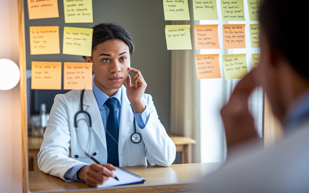 A medical student in formal attire practicing interview responses in front of a mirror, with several sticky notes on the wall summarizing common interview questions. The expression on their face shows determination and focus, with a notepad nearby filled with notes. In a soft-lit room, an atmosphere of preparation and self-reflection is captured, illustrating the importance of confidence in interviews for residency applications. Styles: realistic depiction, soft and warm lighting.