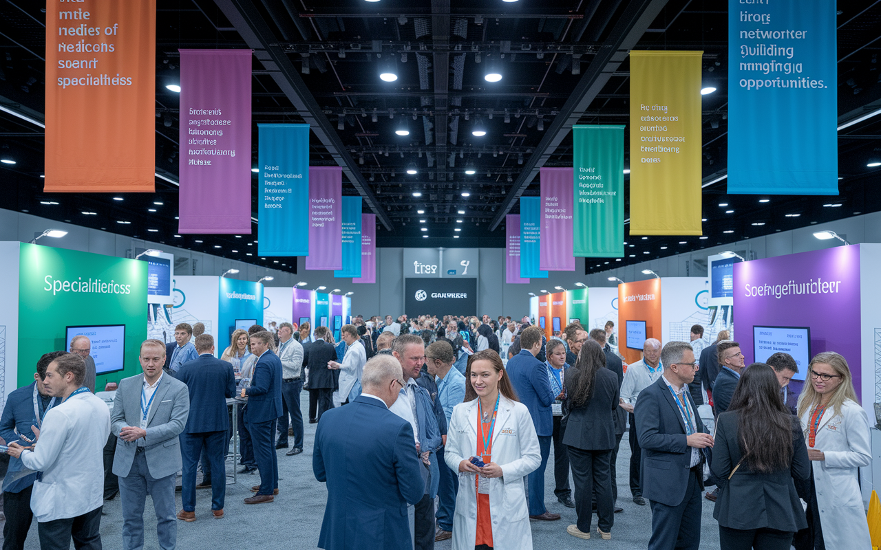 A vibrant conference scene with a diverse group of medical professionals actively engaging in discussions and exchanging ideas. The background features colorful banners of medical specialties and booths where guests are learning about various topics. The atmosphere is lively with networking opportunities, showcasing the importance of building relationships in the medical field. Styles: photorealistic, bright and engaging hues.