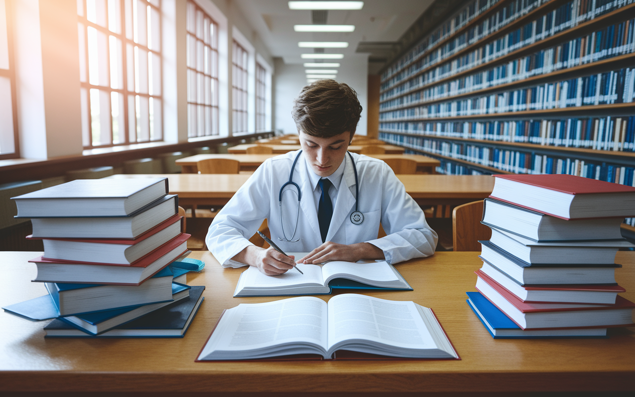 A diligent medical student in a library, surrounded by stacks of medical textbooks and journals, actively studying and taking notes. The space is filled with natural light filtering through large windows, creating a warm and inspiring atmosphere. The student's focused expression and the assortment of open books symbolize a commitment to continuous learning in medicine. Styles: digital painting, soft light and vivid colors.