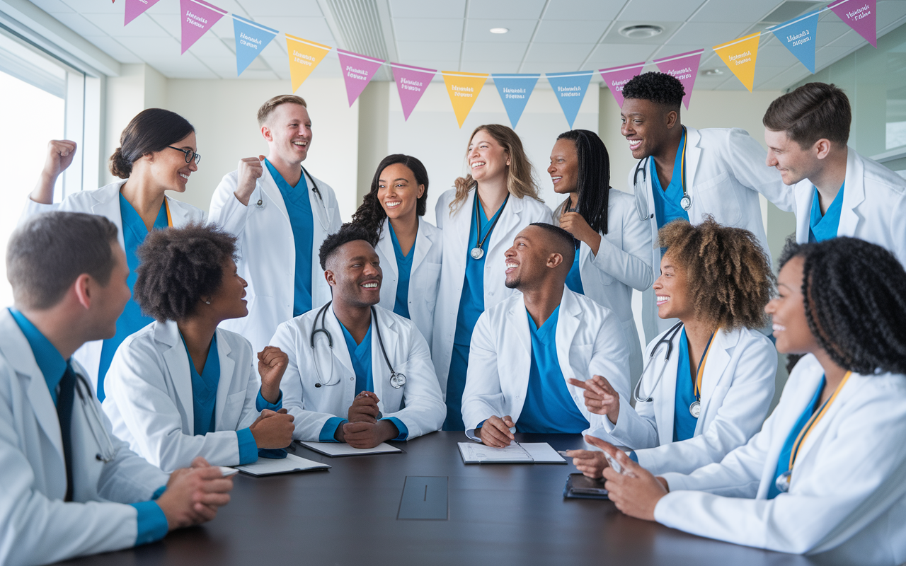 A group of diverse medical students celebrating a successful residency application outcome in a bright, joyful atmosphere. They are gathered in a conference room, displaying various emotions of happiness, relief, and camaraderie as they share their stories. The scene reflects resilience and teamwork, with decorations of motivational quotes on the walls. Styles: photorealistic, bright and uplifting colors.